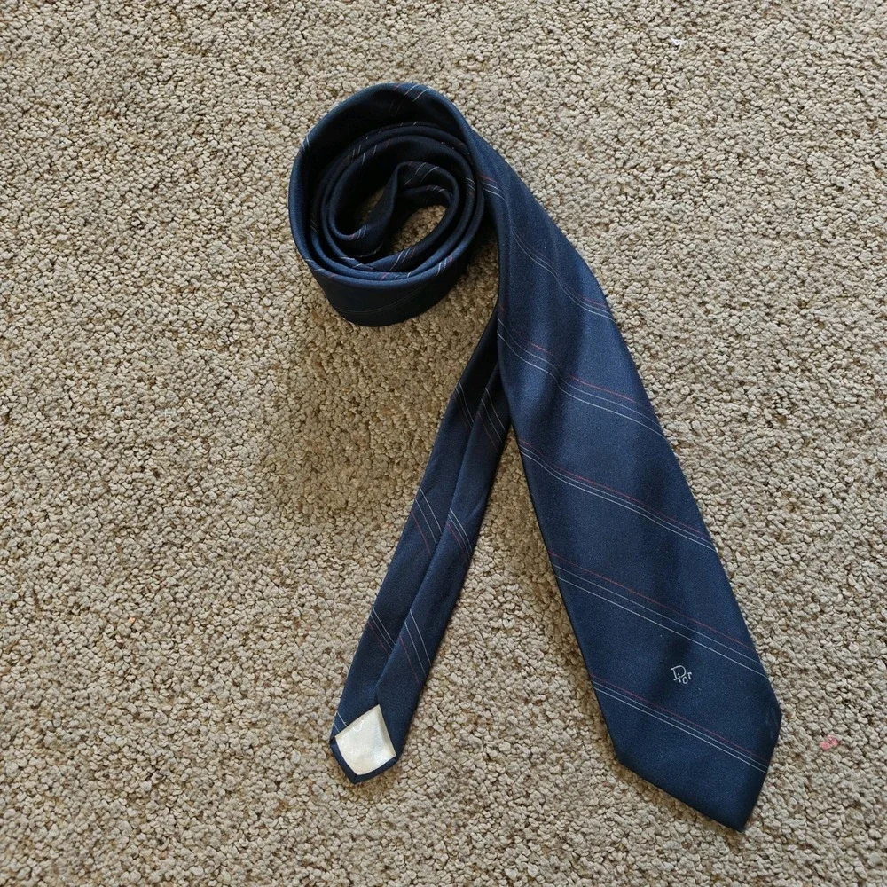 Christian Dior Mens Navy Blue Striped  Necktie Made in USA Logo Tie